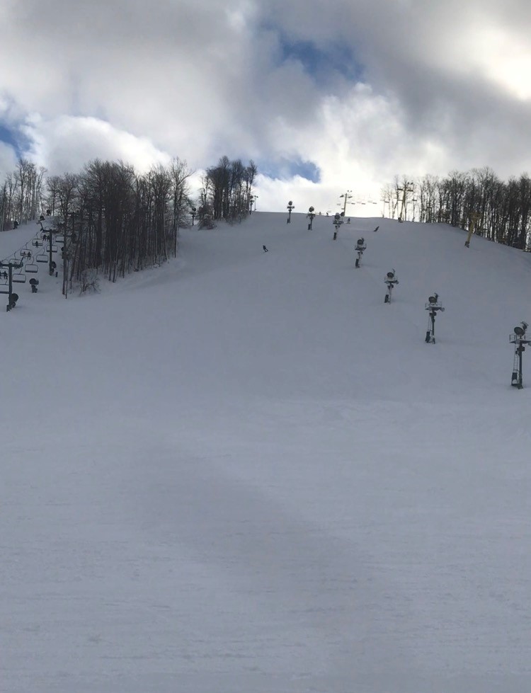 An action shot of a skier taking on a black diamond slope at Boyne Highlands Ski Resort in December.