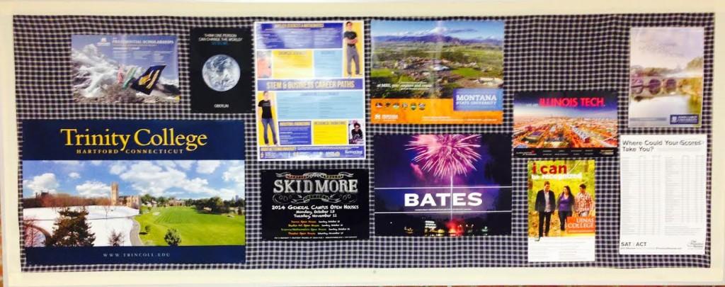 The board of college pamphlets outside the counseling office.