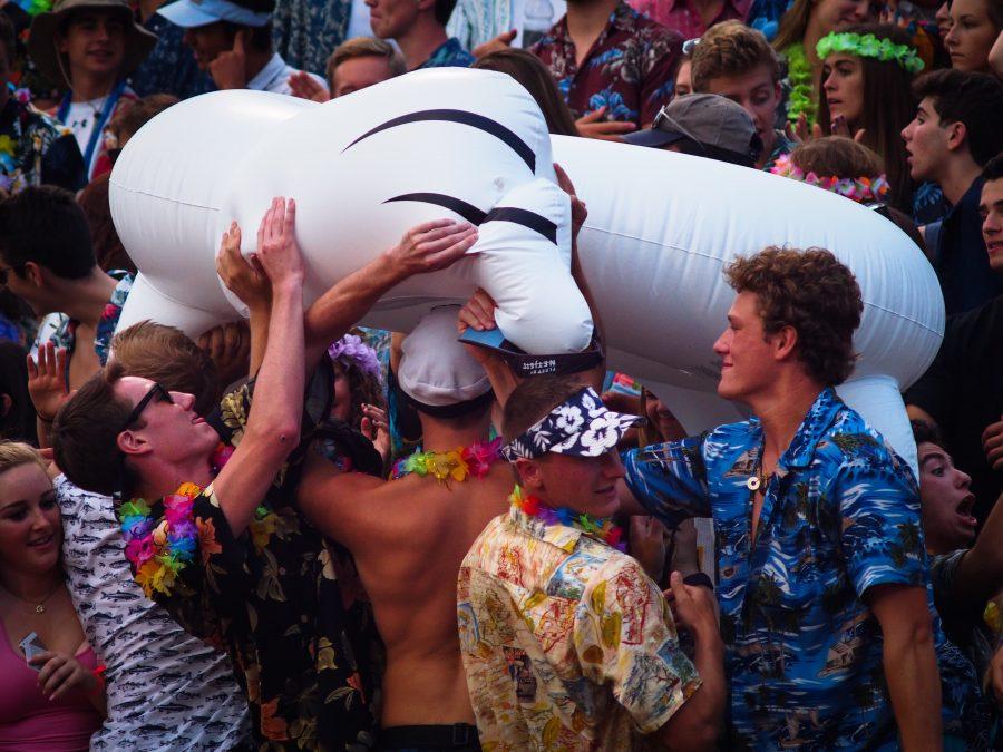 AHS+students+pass+around+an+inflatable+swan+during+North+Farmington+game.