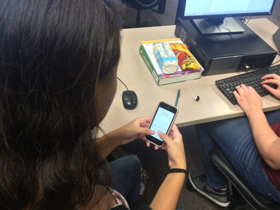 Senior Kelly Chang logs on to the school wifi using her phone.