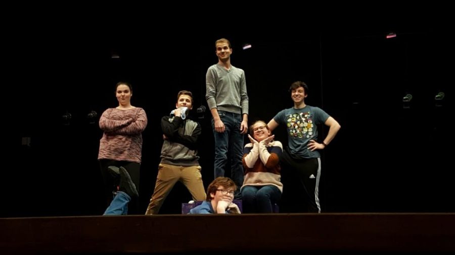 You’re A Good Man Charlie Brown cast rehearse for the big night. Pictured from left to right: Sophomore Katie Laine-Waters, Sophomore Carson Weed, Sophomore Ian Gooderham, Senior Adam Garfinkle, Sophomore Mallory Boyd and Senior Kyle Mason. 