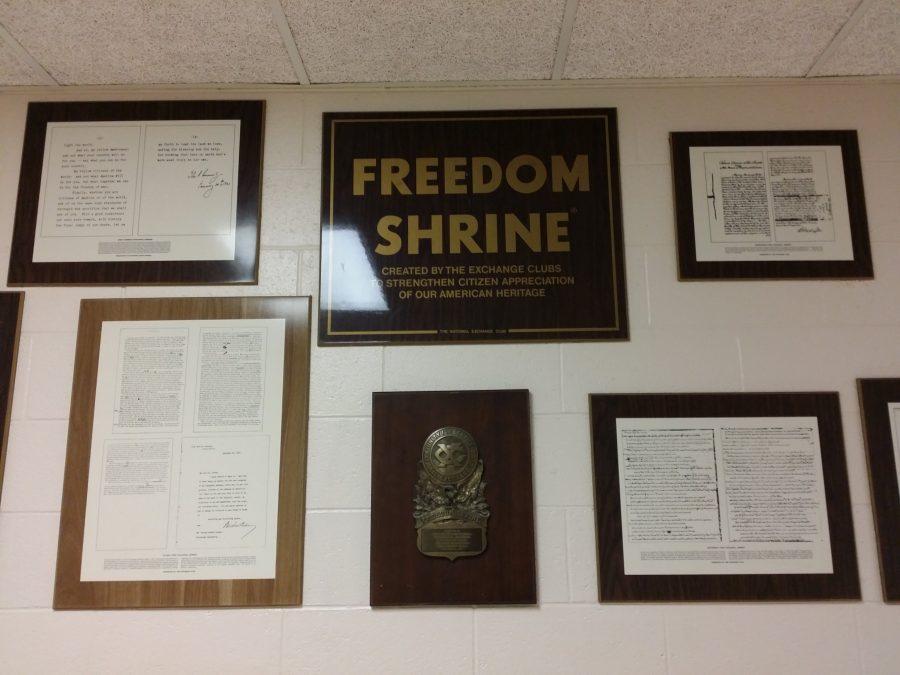 The AHS Freedom Shrine displays snippets of previous inaugural addresses. (top left) John F. Kennedy (bottom left) Woodrow Wilson (top right) George Washington (bottom right) Thomas Jefferson.