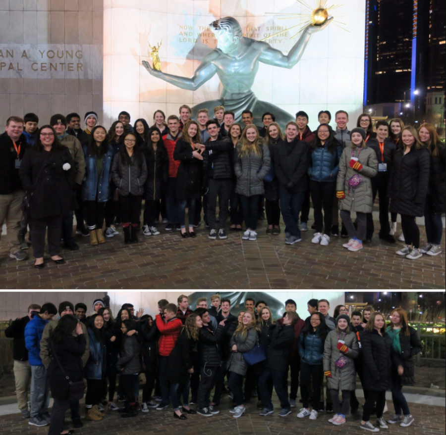Rochester Adams DECA in front of The Spirit of Detroit at SCDC 2017.