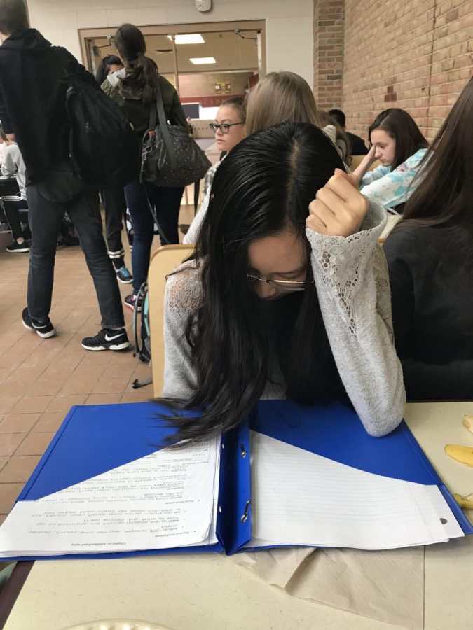 Lily Shuttlewood trying to get homework done before class. Advanced classes leave her with tons of homework every night resulting in no sleep and homework still not done.