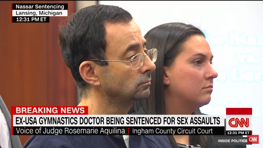 Ex-Olympic doctor Larry Nassar receiving his sentence in court.
