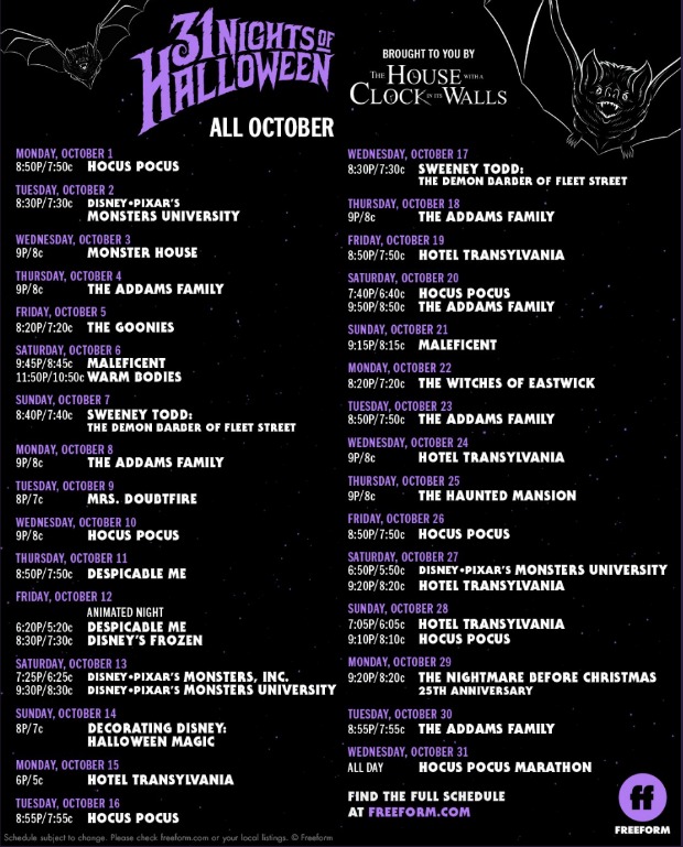 The schedule for the upcoming 31 Days of Halloween starting October 1.