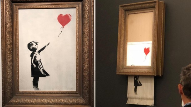 “The Girl With The Balloon” painting by Banksy before and after the auction.