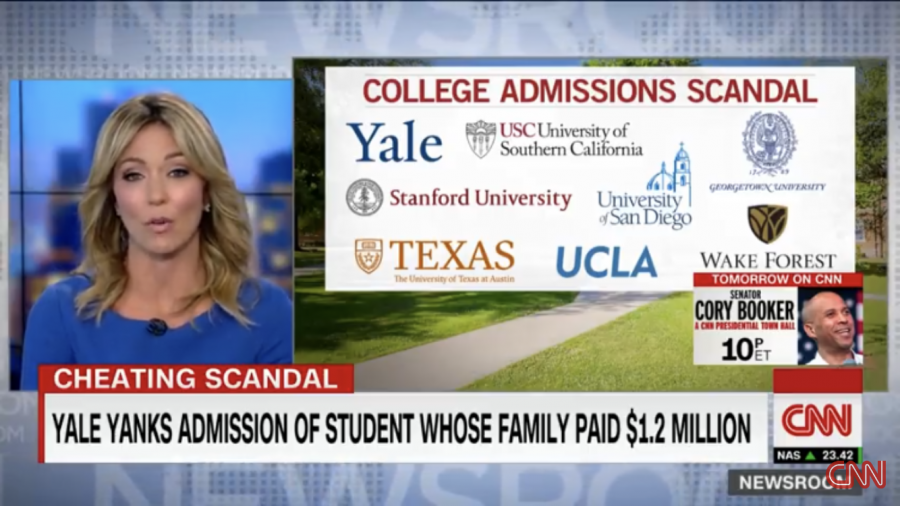Live broadcast regarding the college admissions scandal, listing just some of the colleges that are involved.