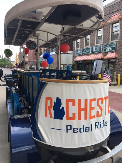 The Pedal Bike, close up, parked at a historical stop along the ride.