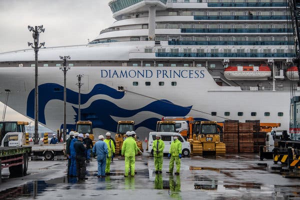 The Diamond Princess cruise ship being docked in Japan.
