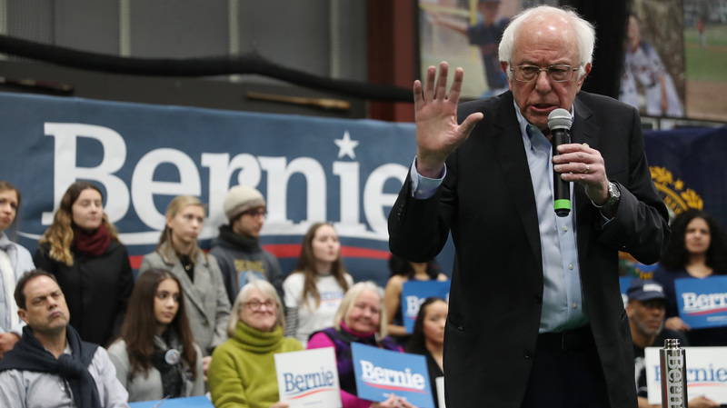 Vermont senator Bernie Sanders speaking at his  
New Hampshire primary win in 2016.  