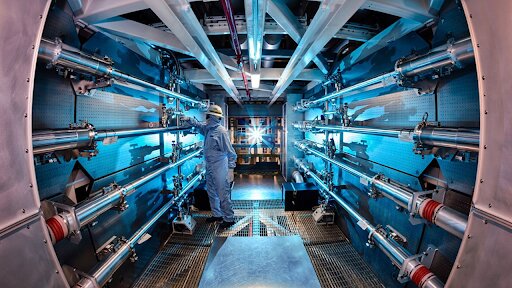 A technician is seen inside the preamplifier support structure of the National Ignition Facility at the Lawrence Livermore National Laboratory in California. (CNN)