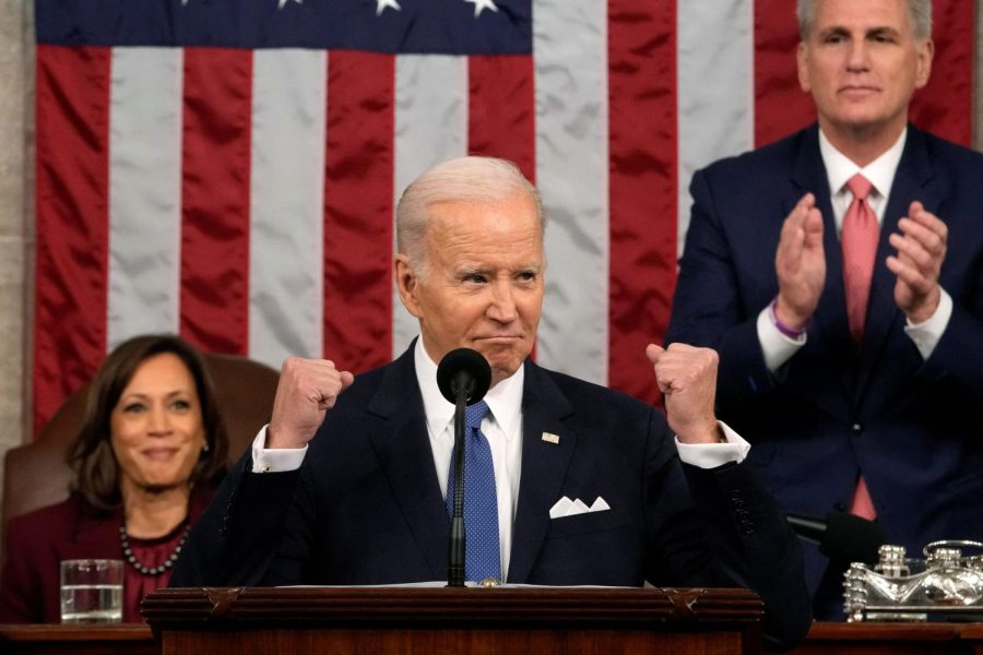 Biden makes a strong point at the State of the Union address on Tuesday, February 7, 2023. (Photo Credit: CNBC)