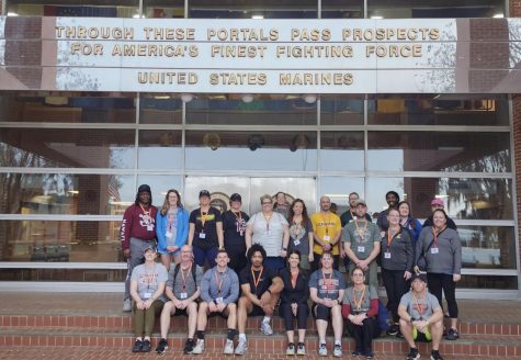 Hall, Beukema, and the other educators in front of the doors to the main building at Parris Island. (Photo Credit: Jeff Hall)