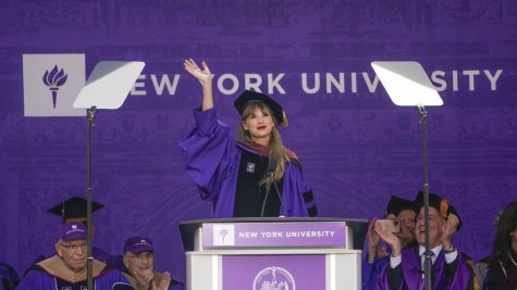 Taylor Swift during her commencement speech in 2022 at New York University.