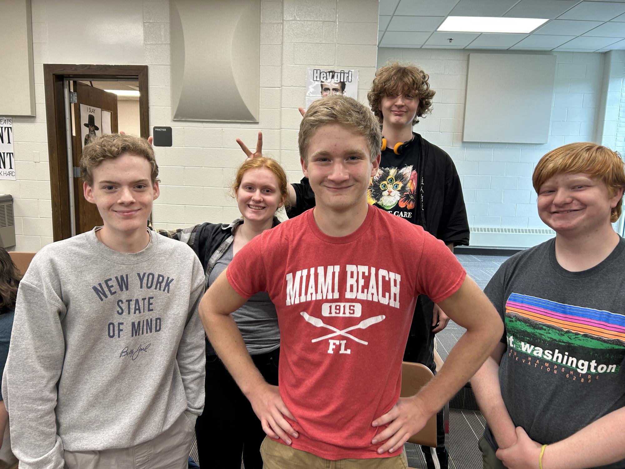 Adams chamber choir members Ethan Ammon, Stephanie Mack, Jacob Kantzer, Daniel Katz, and Bryson Welch (left to right) ready for another fun day of class. (Photo Credit: Noah Stockoski)